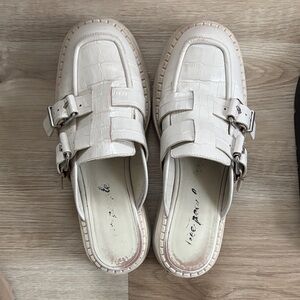 Free People Cream Croc-Embossed Mules